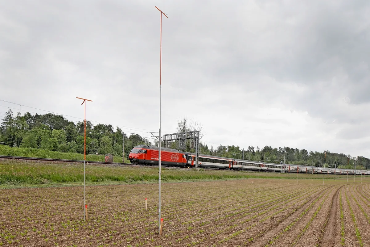 Gleise mit einer roten Zugkomposition.